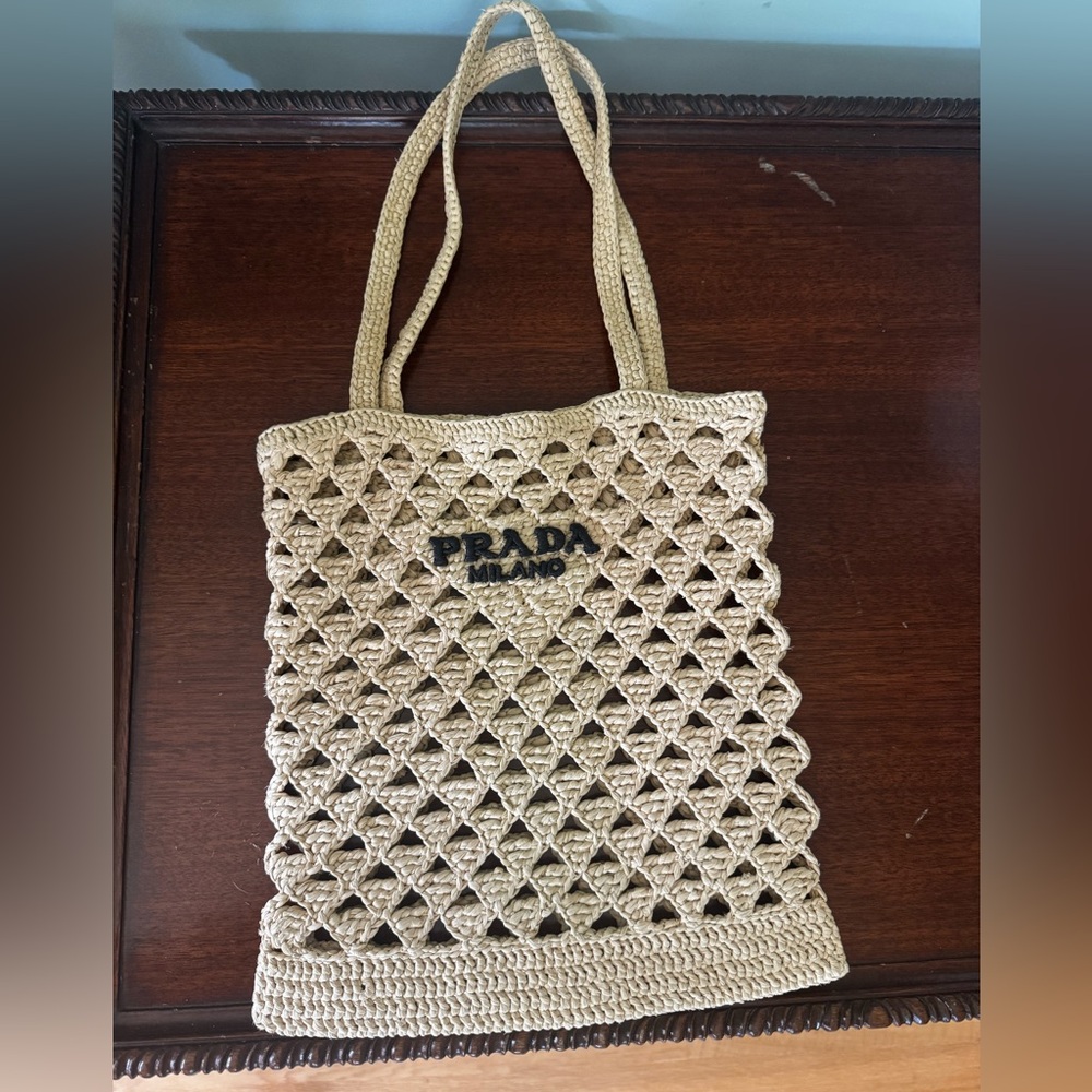 Prada Beige Crochet Net Tote with Black Logo